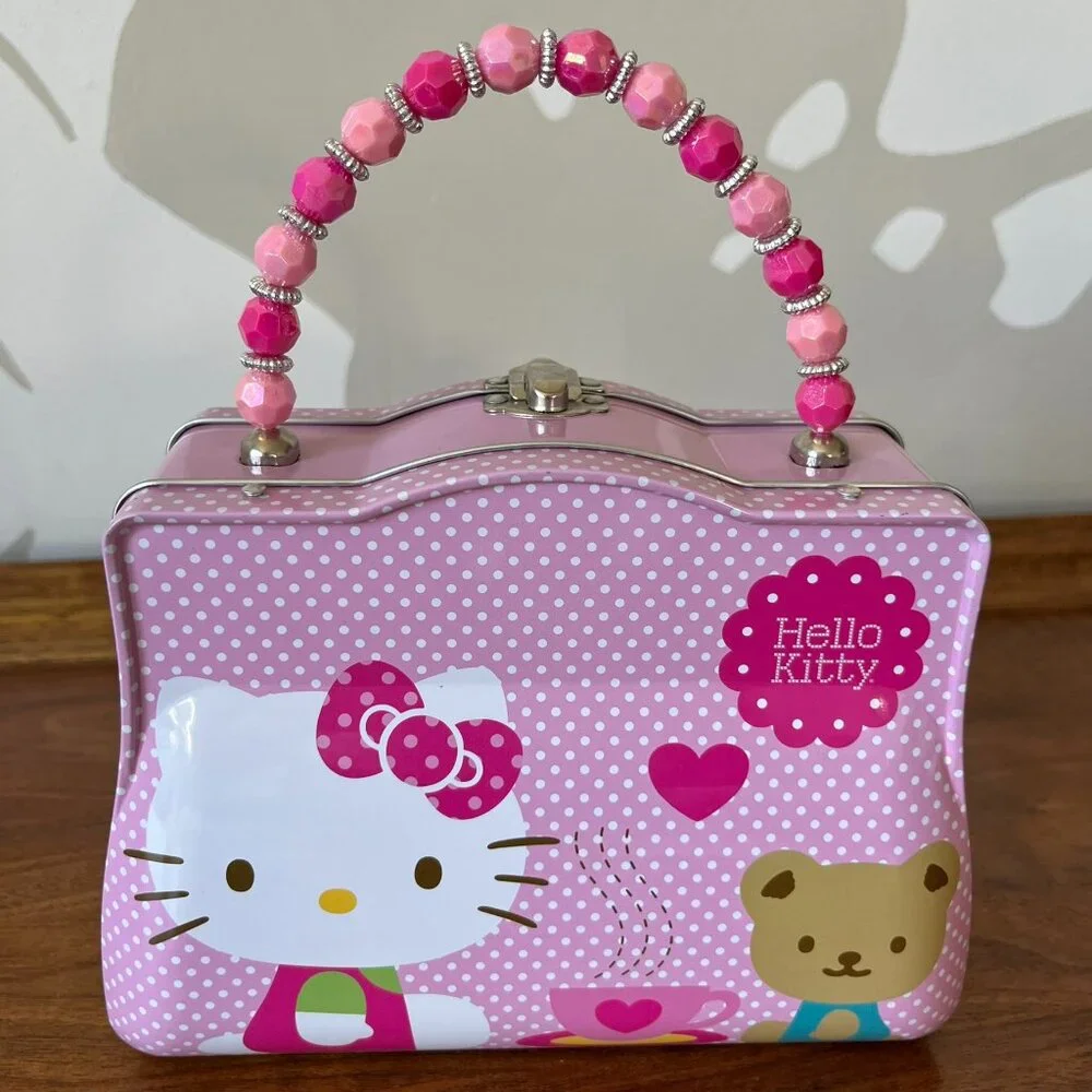 Hello Kitty Pink Tin Purse Storage Box Jeweled Handle 2014 Teddy Bear Tea Sanrio